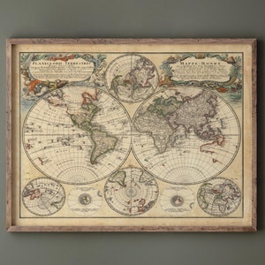 1759 Ancient historic world map. Double hemispheric world vintage map. Fine art print