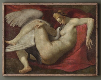 Leda and the Swan after Michelangelo 1530 copy of lost painting. Fine art print. Matte poster