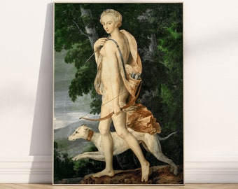 Diana the Huntress attributed to Luca Penni. Roman goddess. Antique painting art print. Matte poster