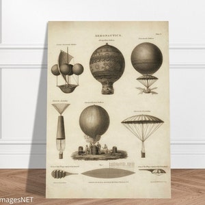 Die technische Illustration zeigt frühe historische Ballon-Entwürfe XIX von 1818. Fine Art Print Wandkunst Poster