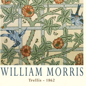 Carta da parati vintage a traliccio William Morris. Stampa artistica rimasterizzata di questo disegno di fiori e foglie