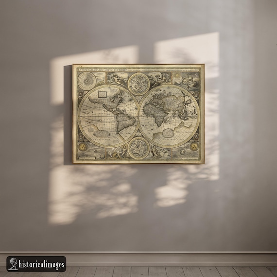 1626 Old World Map Print, John Speed Double Hemisphere Cartography