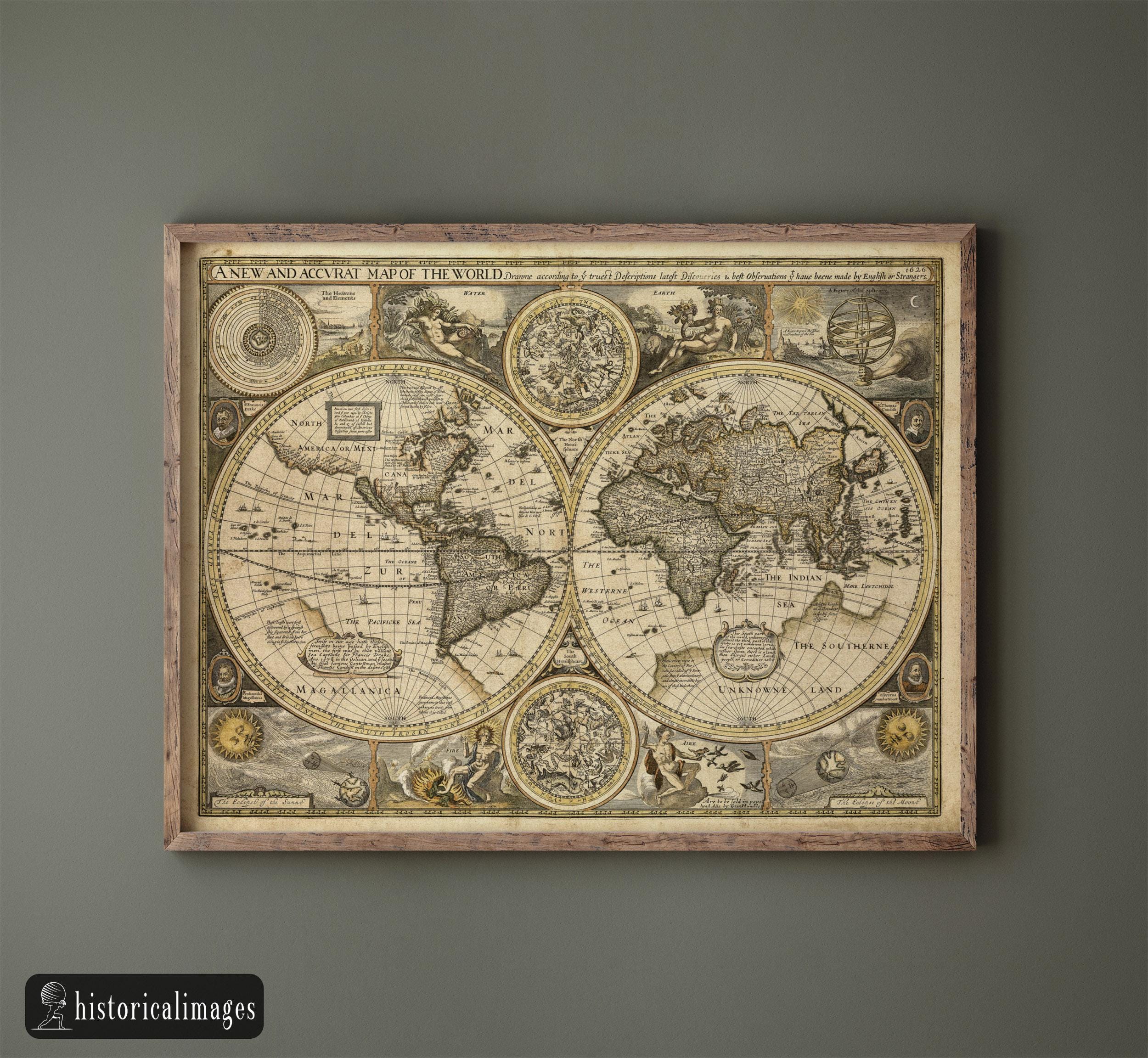 1626 Old World Map Print, John Speed Double Hemisphere Cartography