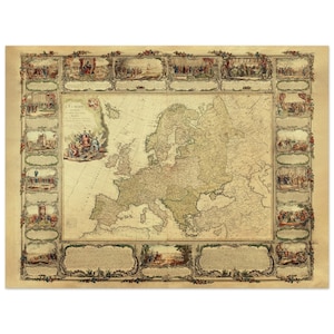 Ancient old map of Europe. Fine art print and canvas of antique illustrated european map. Remastered wall art. XVIII Century