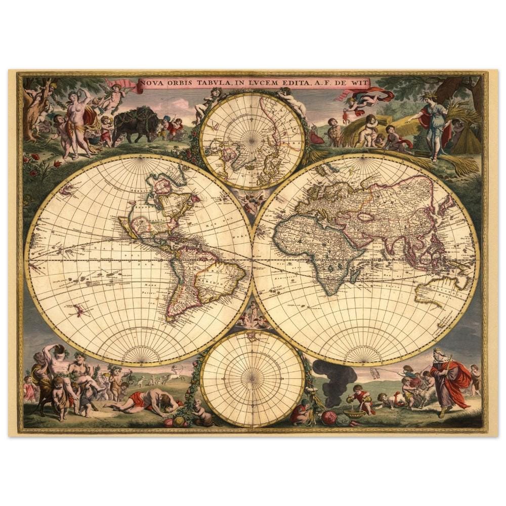 1682 Ancient Double Hemisphere World Map. A Beautiful Vintage