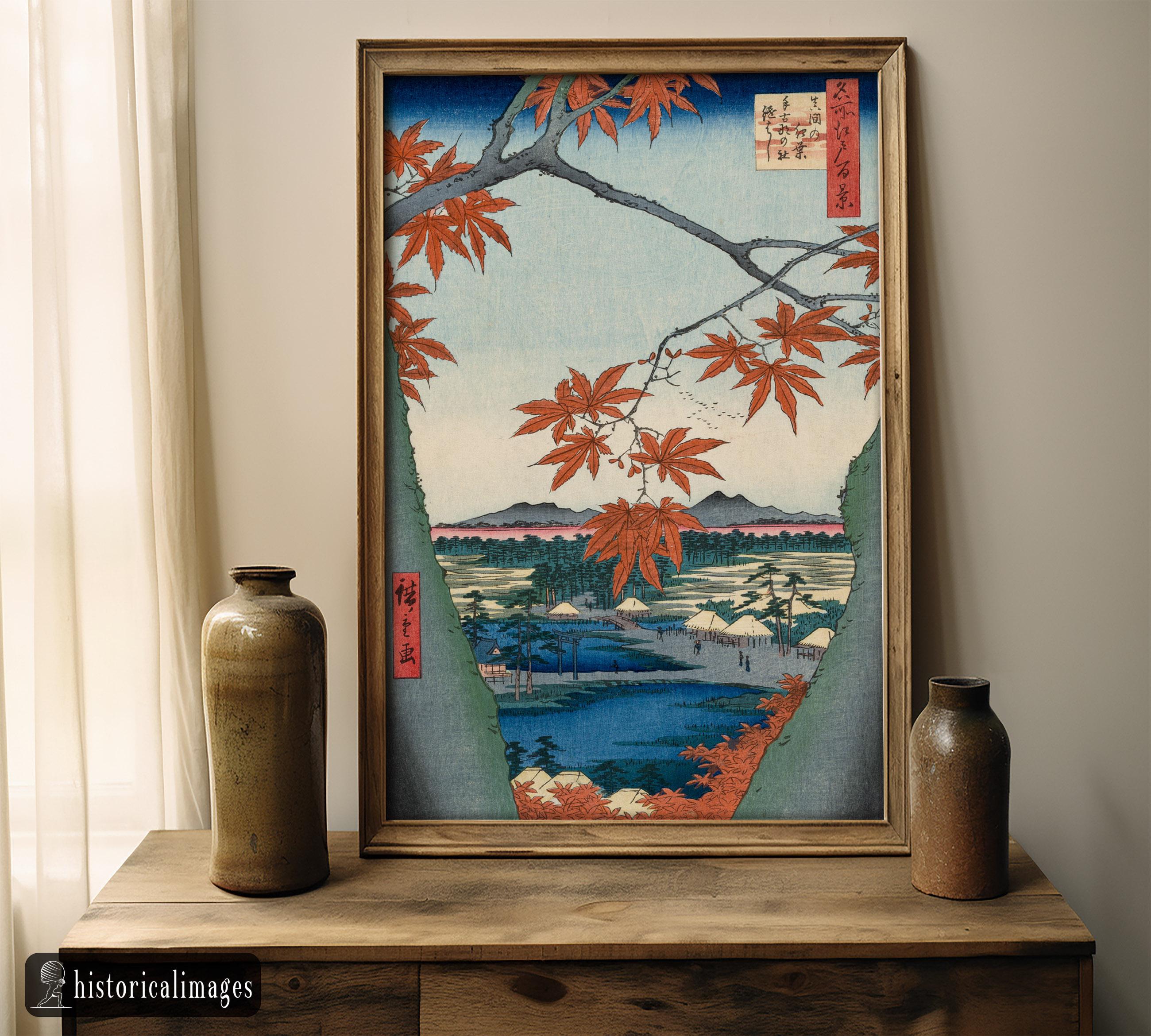 Maple Trees at Mama, Tekona Shrine and Tsugi Bridge by Utagawa