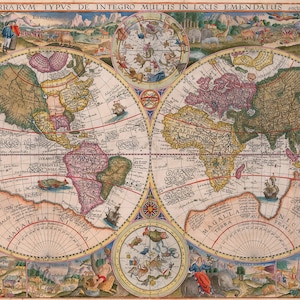 1594 Antike doppelte Hemisphäre Weltkarte Poster Reproduktion