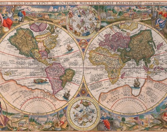 1594 Ancient double hemisphere world map poster reproduction