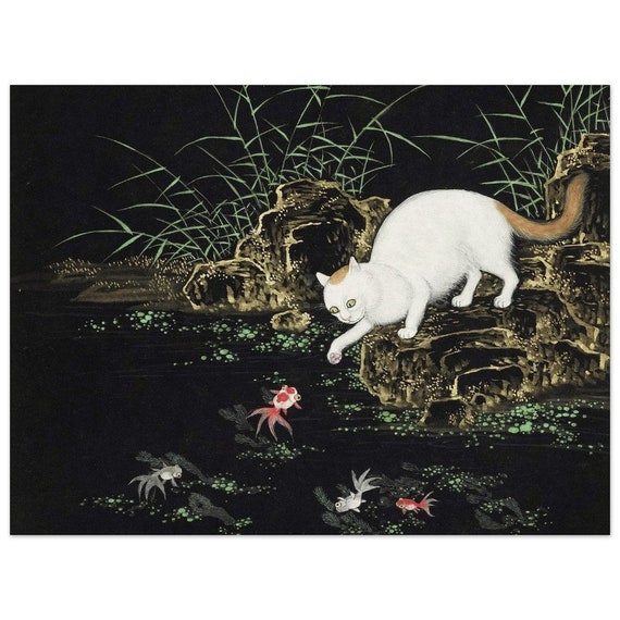 池の猫と魚。沈振林による東洋の古画。ファインアートプリント