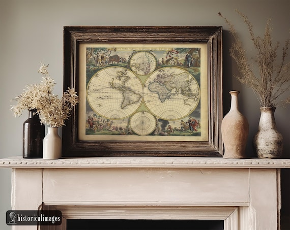 1688年古代世界地図。美しい両半球のアンティーク古地図の複製。リ