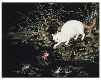 池の猫と魚。沈振林による東洋の古画。ファインアートプリント