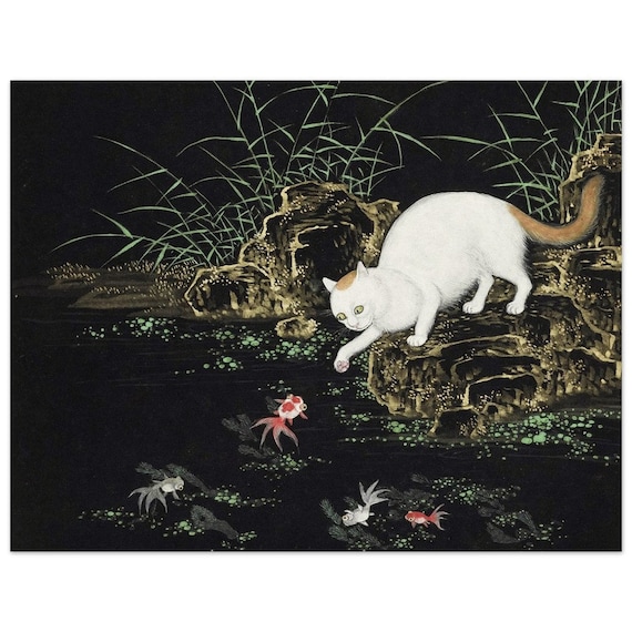 池の猫と魚。沈振林による東洋の古画。ファインアートプリント