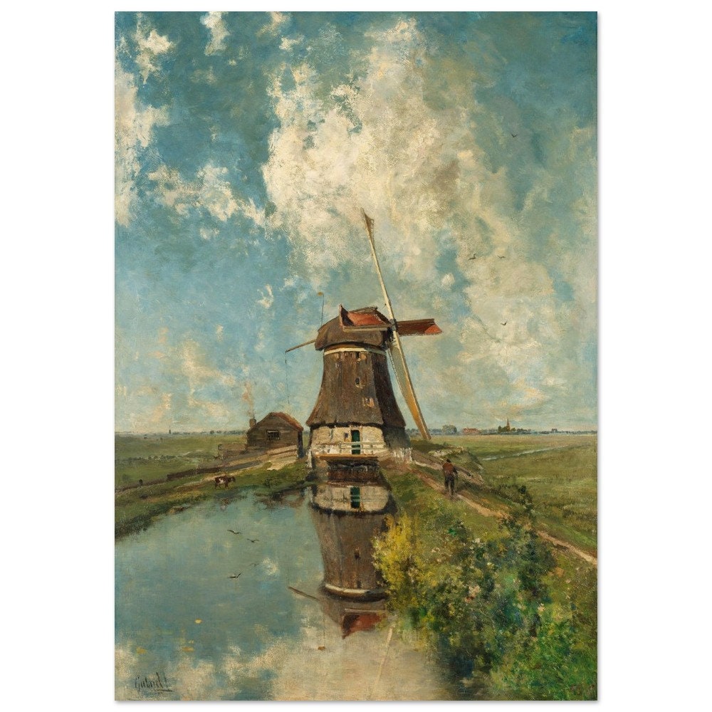 ポール・ガブリエルによる19世紀のオランダの古い風車の絵画。ファイン