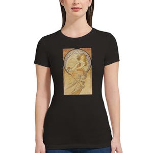 Art Nouveau Alfons Mucha female t-shirt for woman. Premium Short sleeve tee shirt.