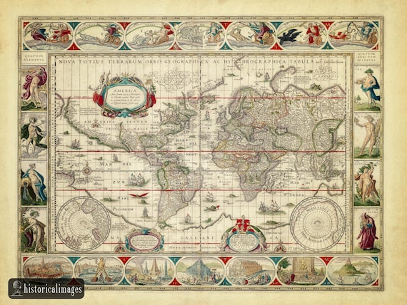 1638年の古代世界地図。美しいイラストが描かれたアンティーク地図の