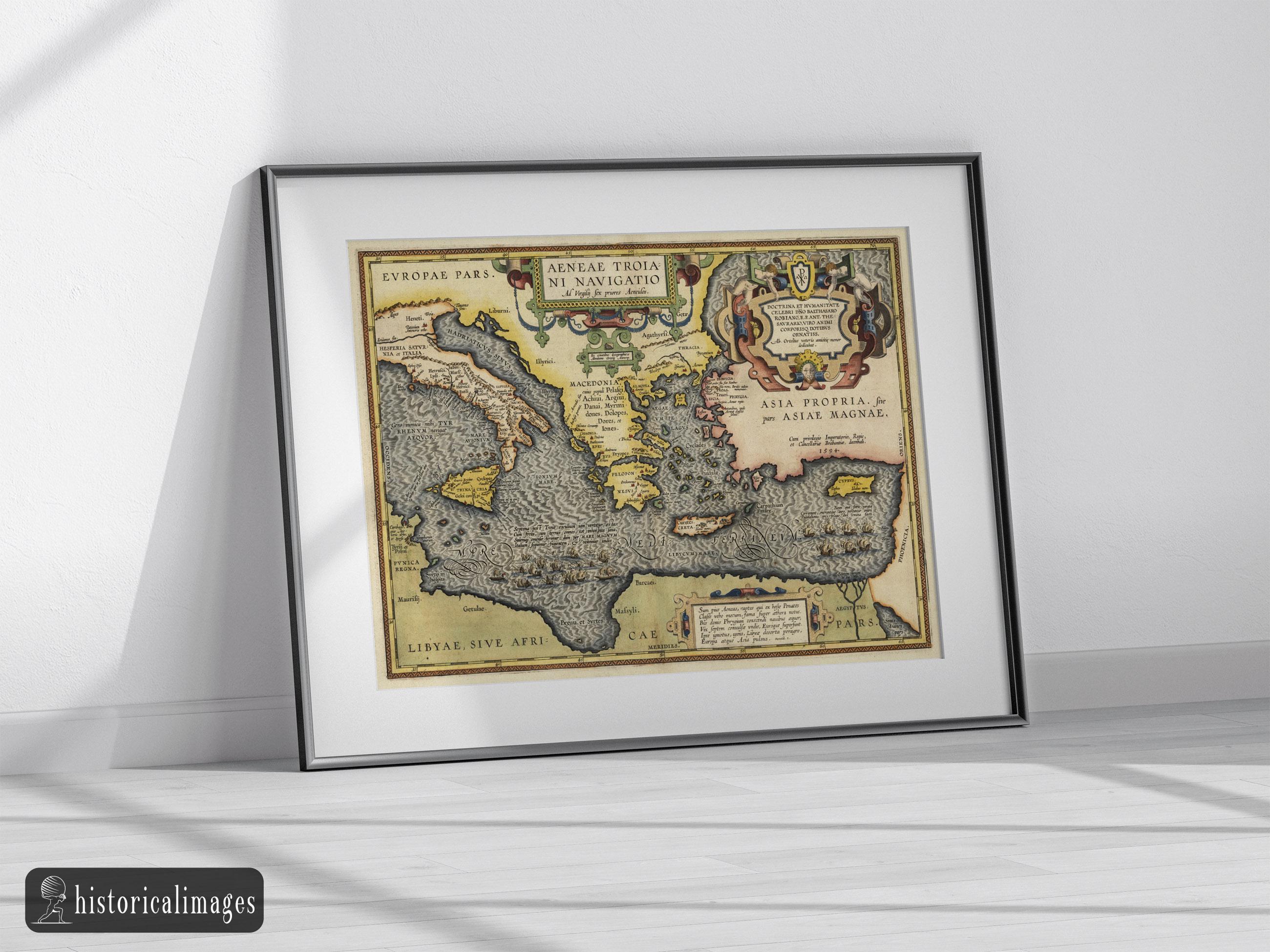 Ancient Map of Europe and Asia Tracing the Sea Route to Troy Across the ...