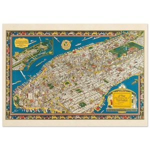 Old map of Manhattan New York City. Antique map reproduction of Manhattan of the 20's. Fine art print. Remastered wallart poster