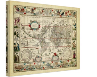 1638年の古代世界地図。美しいイラストが描かれたアンティーク地図の