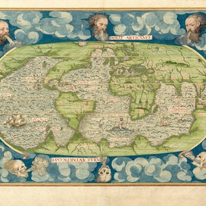 Ancient vintage old map of the world poster reproduction by Guillaume Le Testu 1555