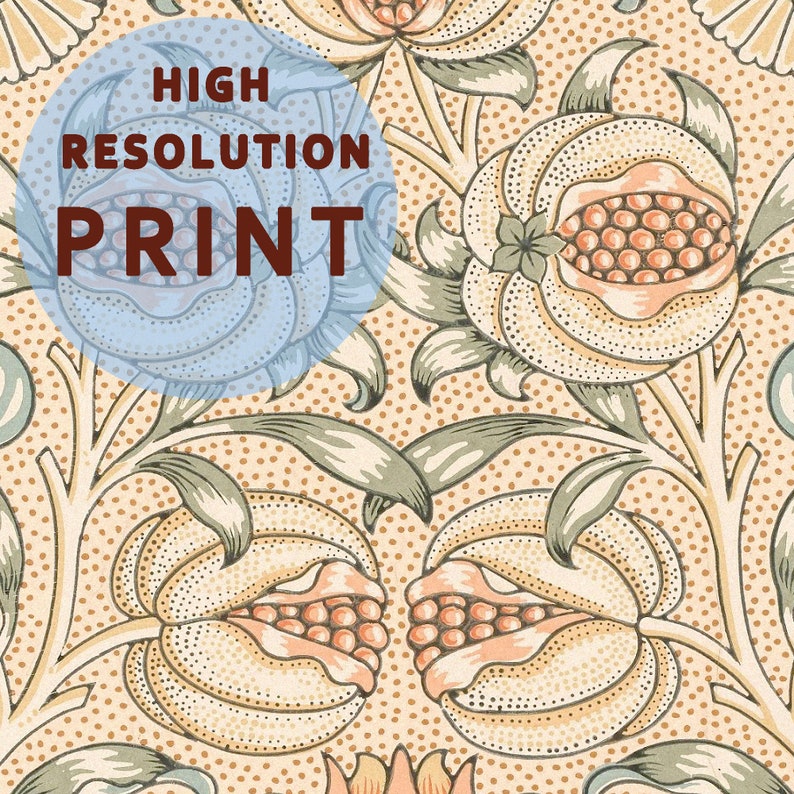 K&ouml;nnte beinhalten: Ein Vintage-Tapetenmuster mit einem sich wiederholenden Muster aus stilisierten Blumen mit rosa und gelben Bl&uuml;tenbl&auml;ttern und gr&uuml;nen Bl&auml;ttern auf beigefarbenem Hintergrund. Der Text "HIGH RESOLUTION PRINT" ist &uuml;ber das Bild gelegt.