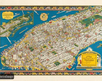 ニューヨーク市マンハッタンの古地図。1920年代のマンハッタンを再現