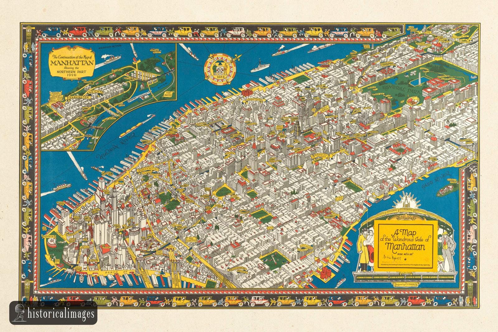 ニューヨーク市マンハッタンの古地図。1920年代のマンハッタンを再現