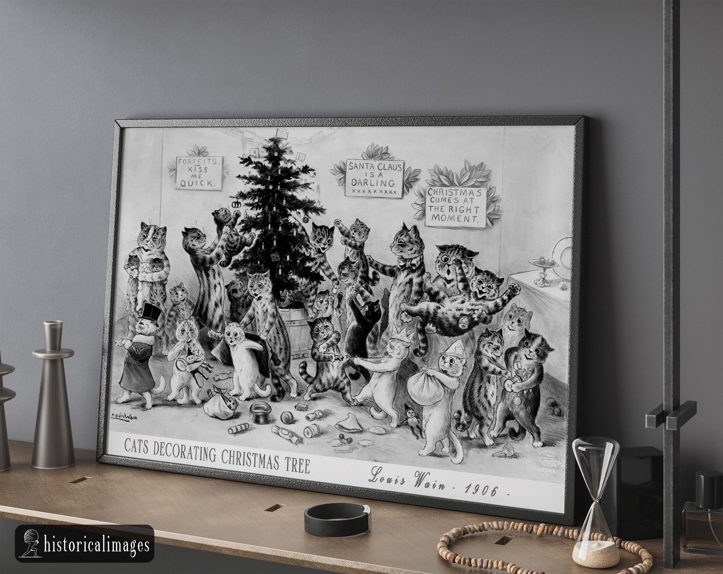 ルイス・ウェイン作「クリスマスツリーを飾る猫たち」1906年ポスター