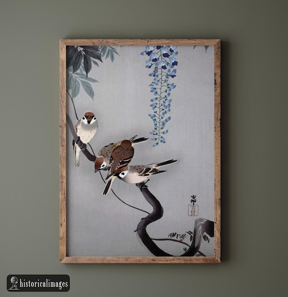 Ring Sparrows at Wisteria by Ohara Koson Ukiyo-e Art. Woodblock