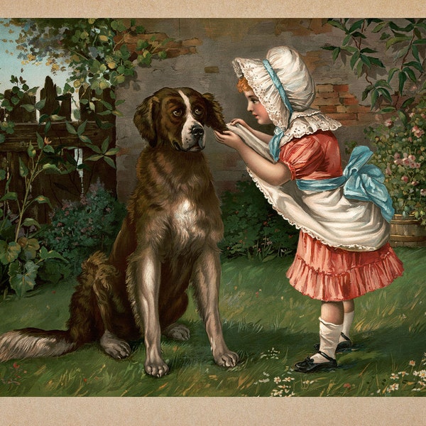 Fille en robe rose et bonnet blanc avec affiche d'illustration vintage de chien par Knapp 1892