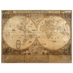 May include: A vintage-style world map print titled NOVA TOTIUS TERRARUM ORBIS TABULA, featuring two large circular hemispheres in sepia tones. The map displays detailed continental outlines, grid lines, and decorative illustrations in the corners.