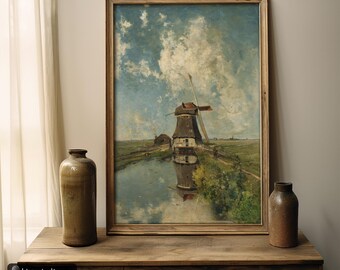 ポール・ガブリエルによる19世紀のオランダの古い風車の絵画。ファイン