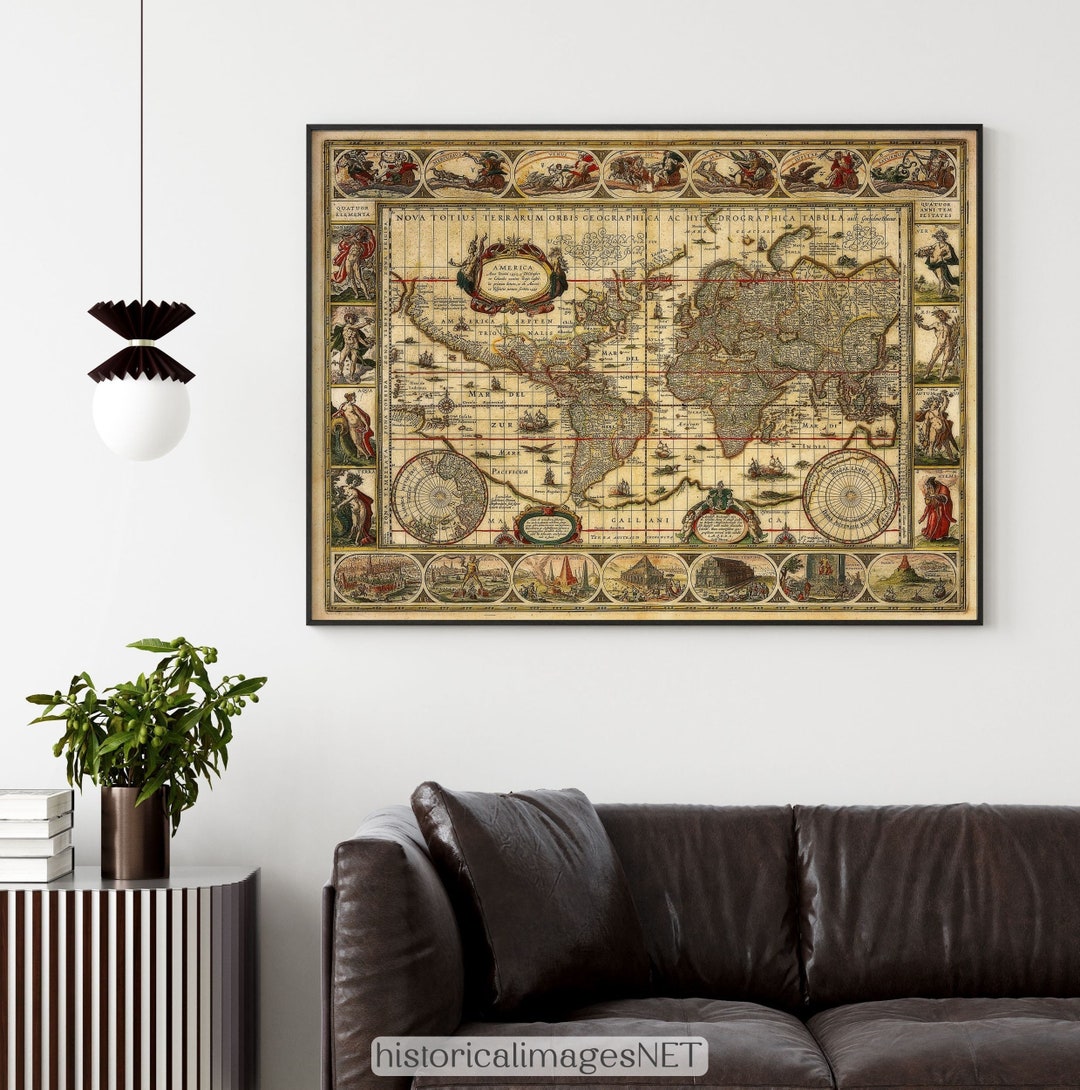 古代世界地図の複製版画。1647年のアンティークヴィンテージ古地図の