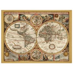 Carte du monde antique. Belle cartographie illustrée à double sphère du XVIIIe siècle