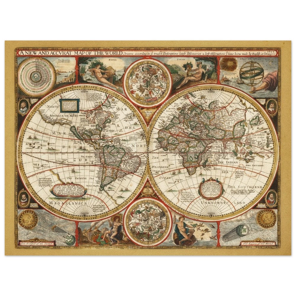 古代の世界地図。18世紀の美しいイラスト入りの二重球地図 - Etsy 日本