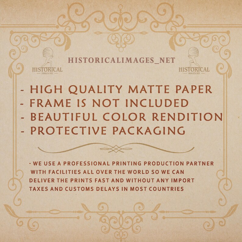 K&ouml;nnte beinhalten: Text auf braunem Hintergrund mit einem dekorativen Rahmen. Der Text lautet: "HIGH QUALITY MATTE PAPER - FRAME IS NOT INCLUDED - BEAUTIFUL COLOR RENDITION - PROTECTIVE PACKAGING - WE USE A PROFESSIONAL PRINTING PRODUCTION PARTNER WITH FACILITIES ALL OVER THE WORLD SO WE CAN DELIVER THE PRINTS FAST AND WITHOUT ANY IMPORT TAXES AND CUSTOMS DELAYS IN MOST COUNTRIES"