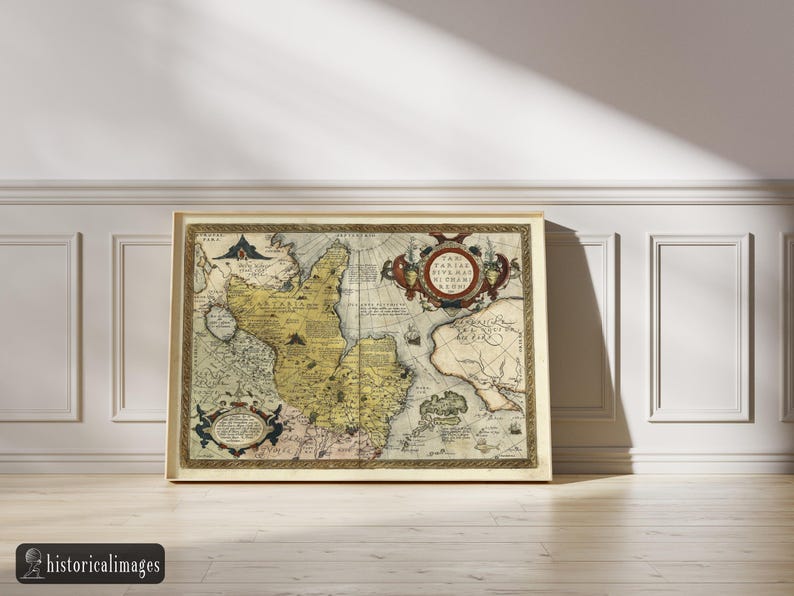 May include: A framed antique map with a beige border, depicting a detailed geographical layout. The map features intricate illustrations, including ships and decorative cartouches. The color palette includes beige, brown, and touches of blue and red. The map is leaning against a white wall.