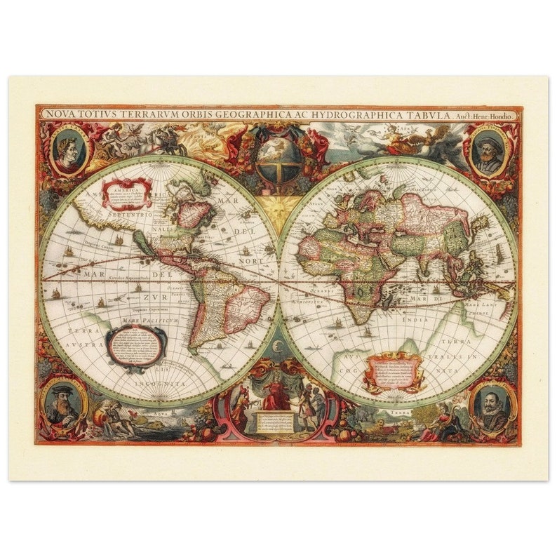 Ancient Old World Map. Illustrated Double Hemisphere Antique Map ...
