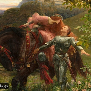 Puede incluir: Una pintura que representa a un caballero con armadura plateada y una mujer con un vestido rosa y largo cabello rojo. Están cerca de un caballo negro con arneses rojos. El fondo muestra un paisaje verde con árboles y una montaña.