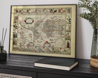 1638年の古代世界地図。美しいイラストが描かれたアンティーク地図の