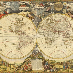 1700 Vintage historic world map poster reproduction by Paolo Petrini.