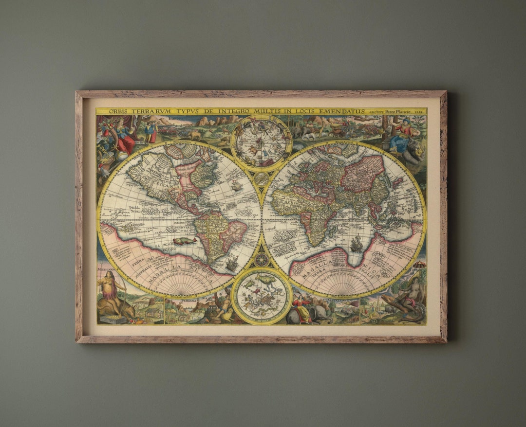 Peter Ramus Map 1594 Ancient World Map. Orbis Terrarum by Petrus Plancius. Vintage Old ...