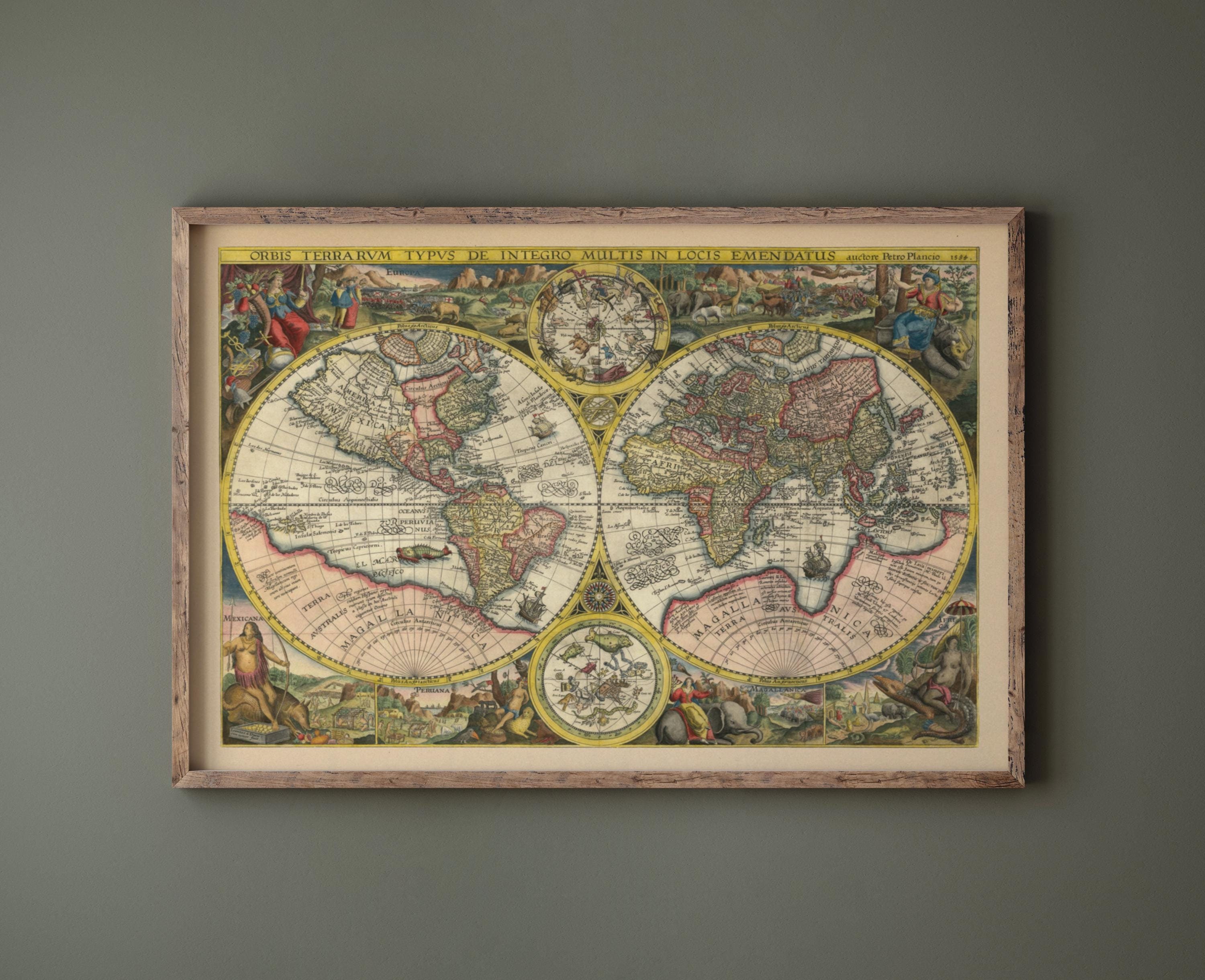 1594 Ancient World Map. Orbis Terrarum by Petrus Plancius. Vintage