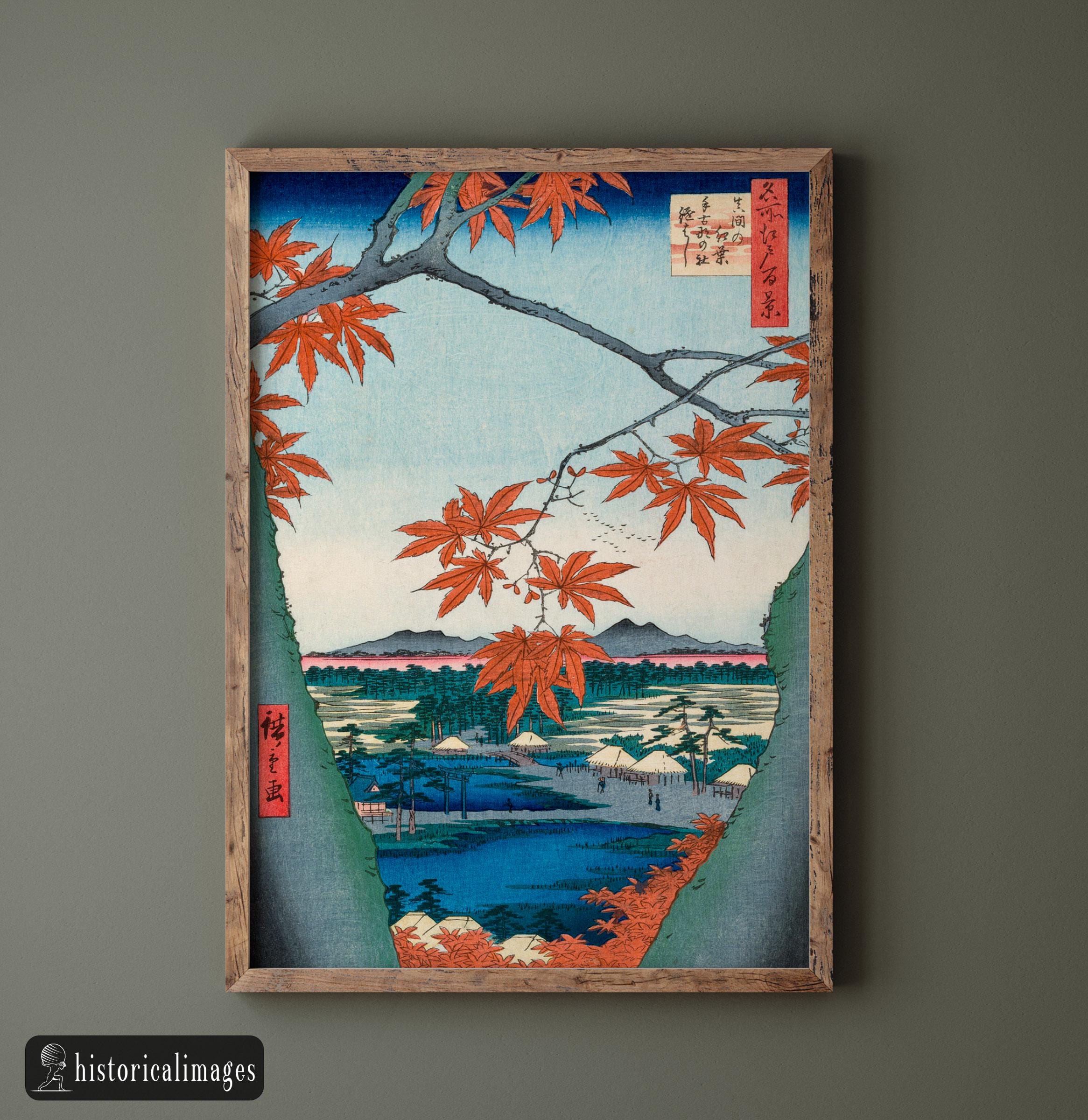 Maple Trees at Mama, Tekona Shrine and Tsugi Bridge by Utagawa Hiroshige, japanese woodblock Ukiyo-e artist. Fine art print repro