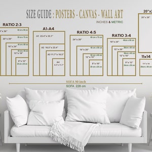 K&ouml;nnte beinhalten: Ein Gr&ouml;&szlig;enleitfaden f&uuml;r Poster, Leinwand und Wandkunst mit verschiedenen Verh&auml;ltnissen und Gr&ouml;&szlig;en in Zoll und Zentimetern. Der Leitfaden zeigt die Abmessungen verschiedener Gr&ouml;&szlig;en, darunter 20x28, 11x14 und A1-A4. Der Leitfaden enth&auml;lt auch einen Gr&ouml;&szlig;enbezug f&uuml;r Sofas.