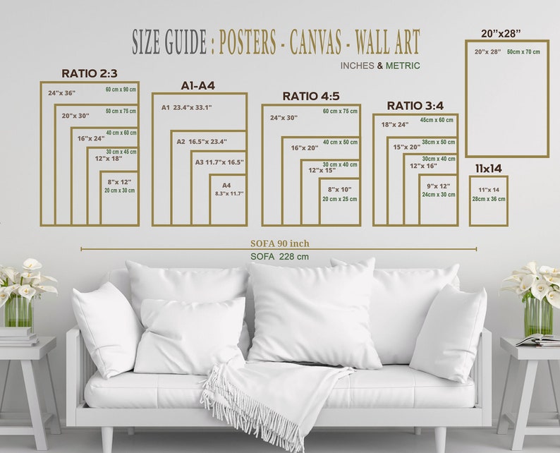 K&ouml;nnte beinhalten: Ein Gr&ouml;&szlig;enleitfaden f&uuml;r Poster, Leinwand und Wandkunst mit verschiedenen Verh&auml;ltnissen und Gr&ouml;&szlig;en in Zoll und Zentimetern. Der Leitfaden zeigt die Abmessungen verschiedener Gr&ouml;&szlig;en, darunter 20x28, 11x14 und A1-A4. Der Leitfaden enth&auml;lt auch einen Gr&ouml;&szlig;enbezug f&uuml;r Sofas.