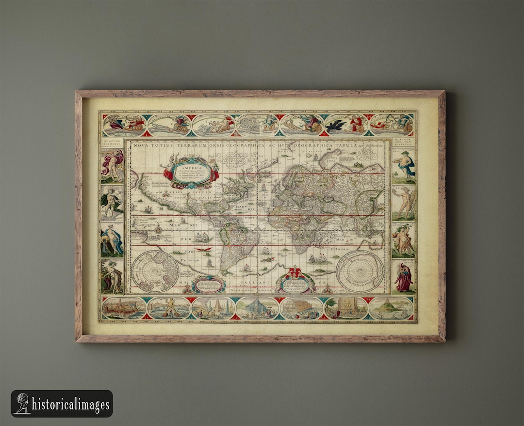 世界地図　キャンバスアート　3枚組　アンティーク　アート　芸術　レトロ 1638年の古代世界地図。美しいイラストが描かれたアンティーク地図の