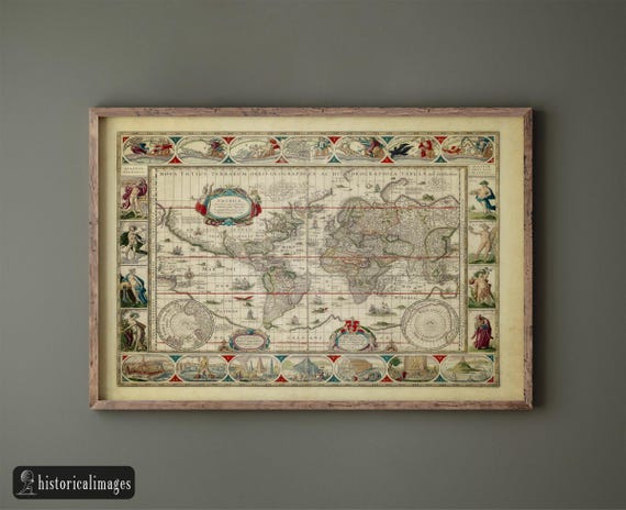 1638年の古代世界地図。美しいイラストが描かれたアンティーク地図の