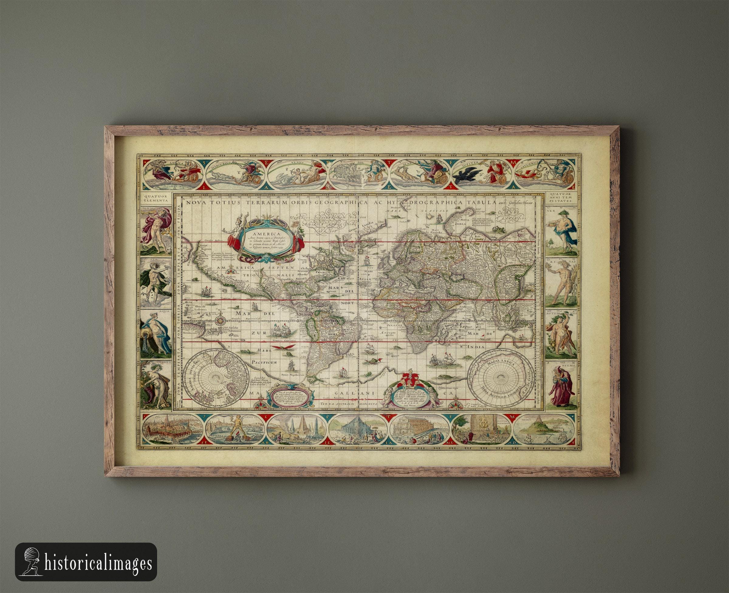 1638年の古代世界地図。美しいイラストが描かれたアンティーク地図の