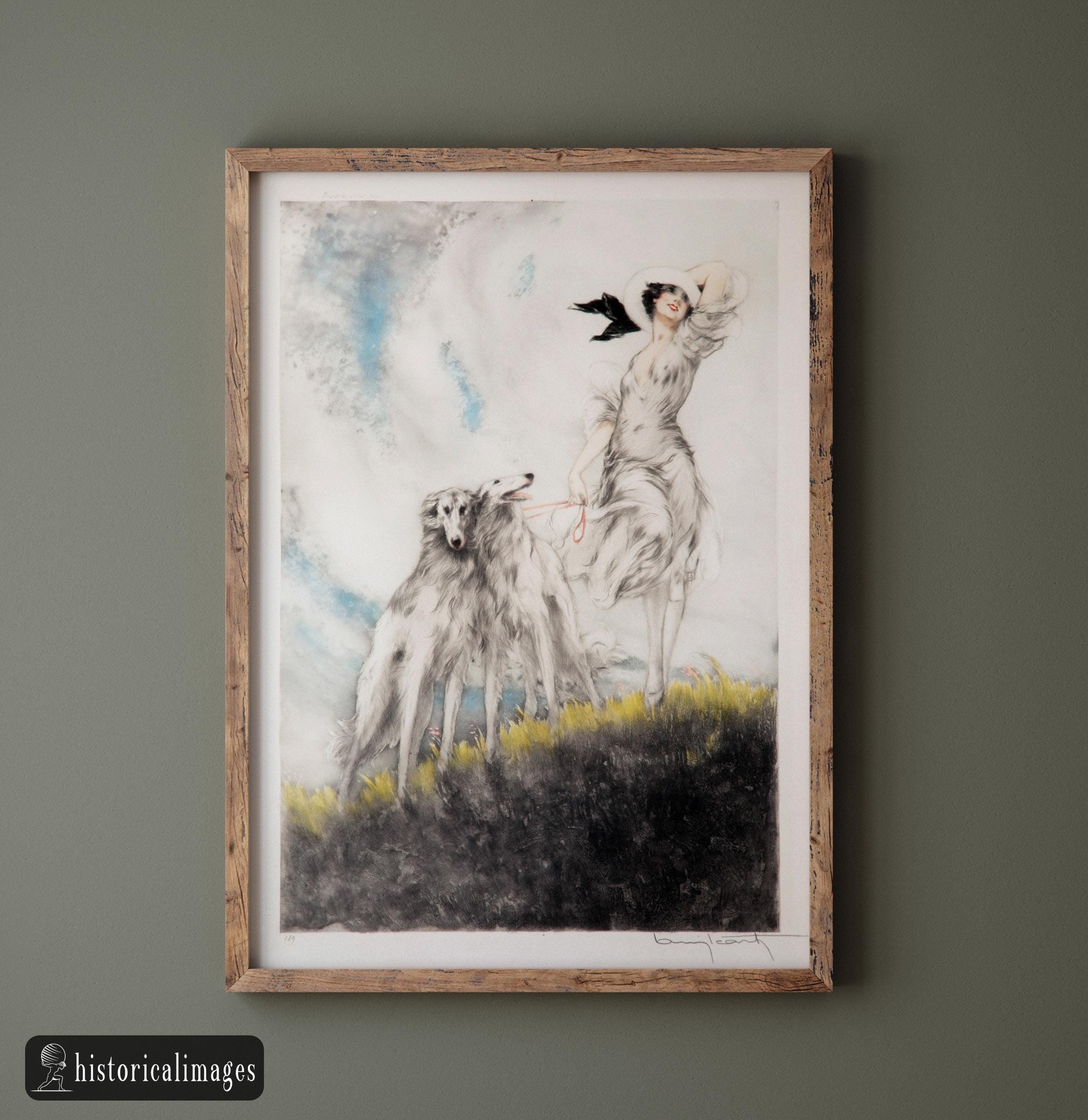 Louis Icart’s Joy of Life (1929) Woman with greyhound dogs. Wall art decor repro. Fine art print