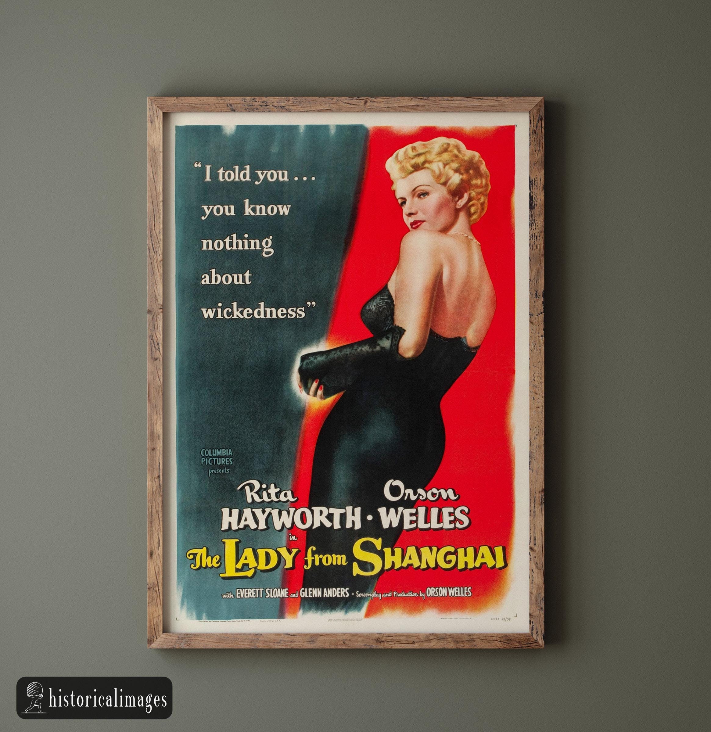 The Lady from Shangai movie poster. Rita Hayworth and Orson Welles. Fine art print.